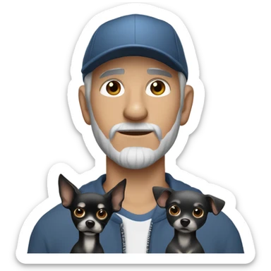 blue eyed man, with grey hair and grey goatee, wearing ball cap, holding long hair black chihuahua sticker
