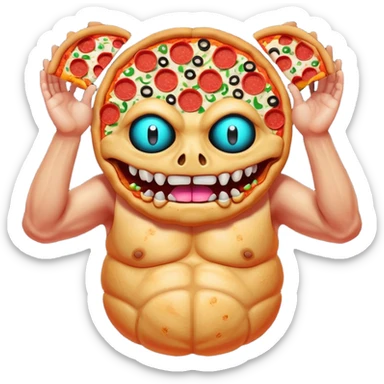 a glitch abomination with hands for a head, a baskeball stomach, pizza eyes sticker