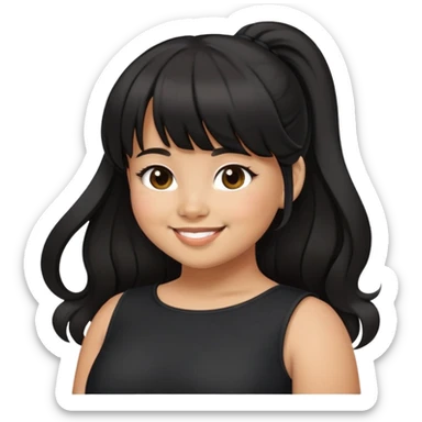 Latina girl with bangs black long hair in pony tail plus size black dress love sticker