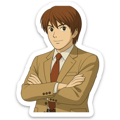 Create an exact Light Yagami in Ghibli style, standing with his arms crossed, wearing the same suit, and showing the same confident expression. Match the face, hair, and suit details exactly to the reference image. Transparent background. sticker