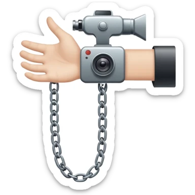 Minimalist emoji-style sticker of a human hand bound by a chain leading to a video camera. Icon-like, clean silhouette, muted tones. sticker