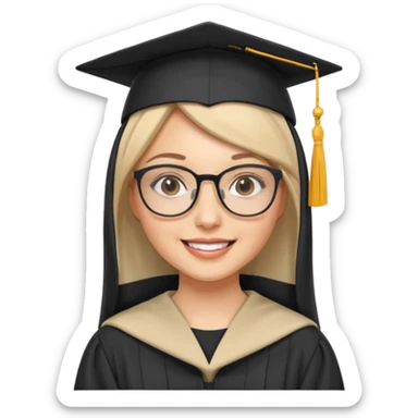 pretty white woman in hijab, wearing glasses and a graduation cap sticker