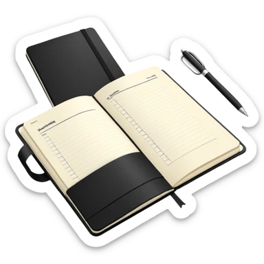An elegant Moleskine notebook with elastic band, open to display a meeting agenda with items listed sticker