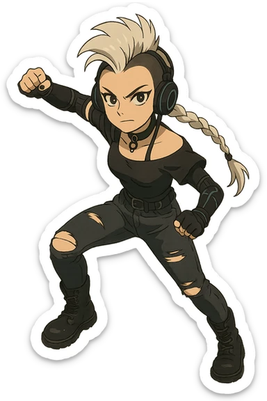 1 female, futurepunk, mohawk white hair, 1 long braid, cybergoth, gothic style, action pose, style of anime, she is looking into the camera, black short sleeve off shoulder top, ripped tight jeans, combat boots, going super pose sticker