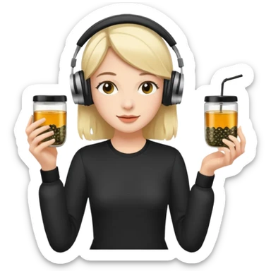 a young woman full length walks with headphones on with a caviar toast in one hand and herbal tea in the other hand sticker