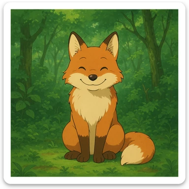 a friendly fox sitting in a lush green forest, ghibli style sticker