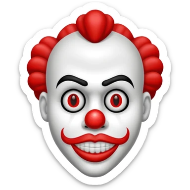 Crea un payaso con cara blanca sin pelo con cuernos negros y un traje rojo con negro sticker