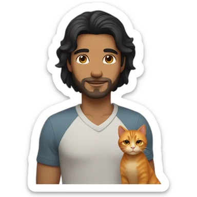 man with shoulder length black hair holding a ginger cat sticker