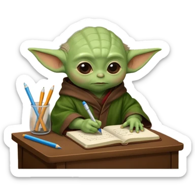 Baby Yoda con su tunica chocolate escribiendo en un cuaderno sobre un escritorio en un aula de clases sticker