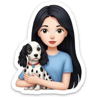 A girl with long black hair is holding a Dalmatian sticker
