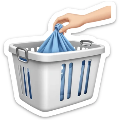hands placing clothes in a laundry hamper, clean and clear sticker