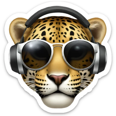 cool jaguar dj, round emoji face, looking forward, wearing cool sunglasses, wearing over-ear headphones on top of head sticker