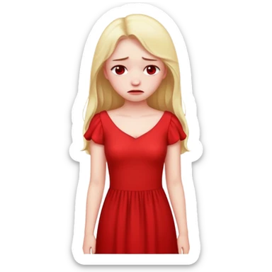 sad girl in a long red dress, looking down, emoji style sticker