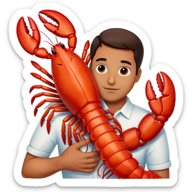 Man cuddling a big red lobster sticker