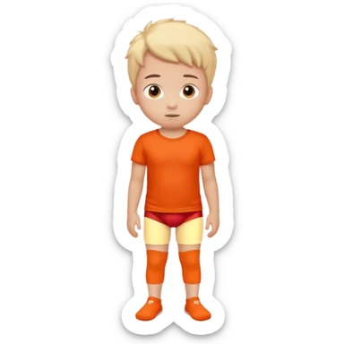 A kid wearing a red pooped underwear with a orange t-shirt looking back sticker