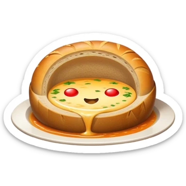 Żurek Cinematic Realistic Żurek Soup Dish Emoji, depicted as a tangy rye soup served inside a hollowed-out round loaf of bread, rendered with rich textures and dynamic, comforting lighting. sticker