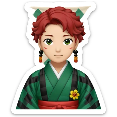 Tanjiro Kamado from Demon Slayer with black and green checkered haori and hanafuda earrings sticker