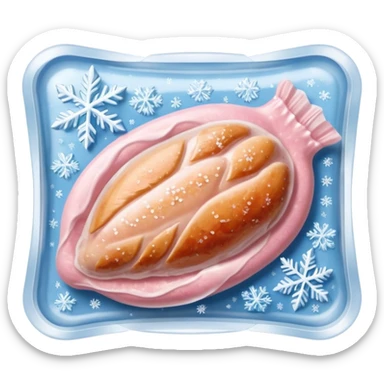 A pack of frozen chicken breasts sealed in transparent plastic packaging, covered with frost and ice crystals. The meat looks pale pink with a slight icy glaze, sitting in a freezer with cool blue lighting. Realistic detail, cold atmosphere, food photography style. sticker