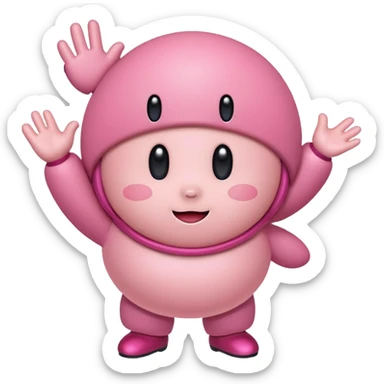 Kirby waving hands while dancing, round pink character, cute face, playful sticker