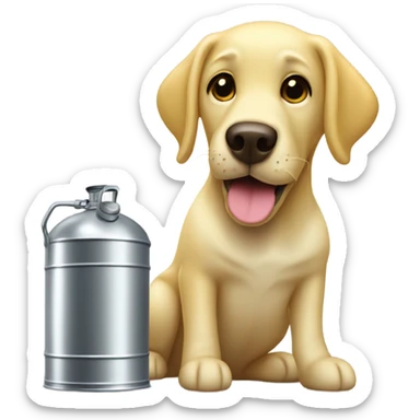Yellow lab sniffing a gas can sticker