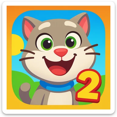 app icon inspired by My Talking Tom Friends 2, featuring a playful cartoon cat with a number 2, bright colors, fun friendly vibe sticker