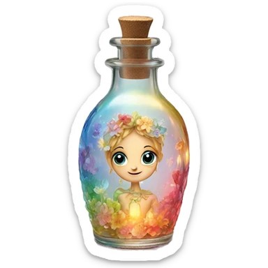 Antique oil bottle made of crystal glass of all delicate colors of the light rainbow, a living flower fairy sits at the bottom of the bottle sticker