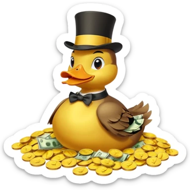 Duck character in top hat swimming in pile of gold coins and money bags sticker