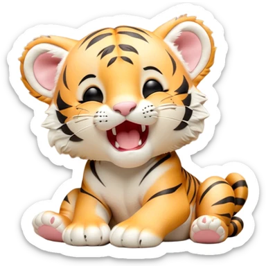 Cinematic Cute Yawning Tiger Cub Portrait Emoji, Head tilted slightly with a dramatic, wide-open yawn, showcasing a small, plush body with drowsy, half-closed eyes and an open, relaxed expression, Simplified yet irresistibly adorable features, highly detailed, glowing with a soft, cozy wild glow, high shine, relaxed yet expressive, stylized with a dash of whimsical jungle charm, soft glowing outline, capturing the essence of a drowsy yet affectionate tiger cub that appears ready to stretch out for a nap! sticker