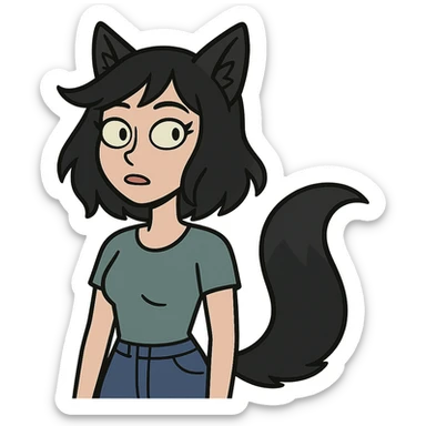 a girl with black fox ears and a tail, green eyes, dark hair sticker