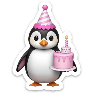 cute penguin with birthday hat hold a birthday pink cake in arms sticker