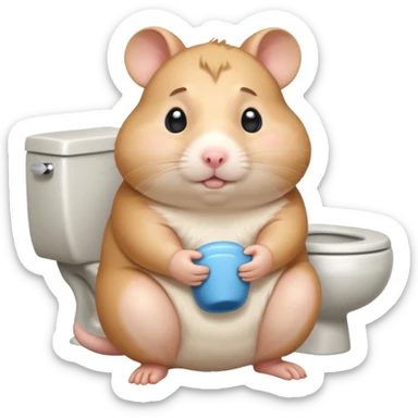 Cute chubby cartoon-style hamster sitting on toilet pooping looking as if he had an accident sticker
