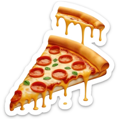 Cinematic cheesy pizza slice, gooey melted cheese stretching as a bite is taken, crispy golden crust, rich tomato sauce, vibrant toppings, warm glowing background, inviting and delicious. sticker