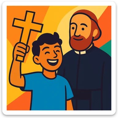 joyful Christian youth with a cross, subtle reference to Hno. Gabriel Taborin with beard and habit, vibrant and uplifting style, Christian vocational animation sticker