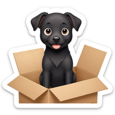  A very cute  young happy black dog with one's head tilted to one side poked its paws out of the cardboard big box and placed them on top of it sticker