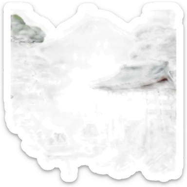 An island with a torii gate shinto shrine and small Japanese house with a blue tiled roof sticker