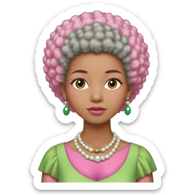 Brown woman with very short stylish gray Afro  wearing pink and green dress  and pearl necklace  sticker