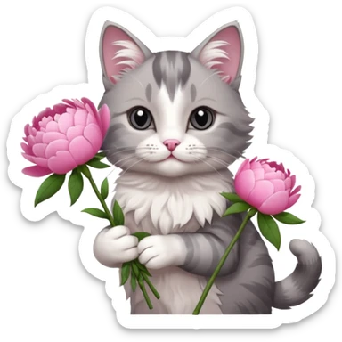 Cute cat Handing pink peonies like reaching a hand and handing them out a bouquet of them not a physical hand the cats hand  make the cat fluffy and grey and white fluffier make the cat wear a pink coquette make her wear a pink coquette make the peonies open and in boquette sticker