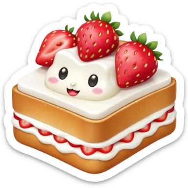 square toast topped with fluffy white cream, decorated with a strawberry bow made from two strawberry halves and a small sliced center, bright red and glossy, Clean soft shading, kawaii emoji style, centered object, no plate, no background, high detail, pastel tone sticker