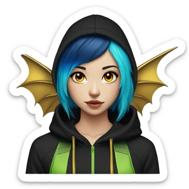 Lady with brunette and iridescent blue hair, gold, lime green dragon wings, black hoodie, bleach dyed, black and gold Nike t shirt, and bright red eyes sticker