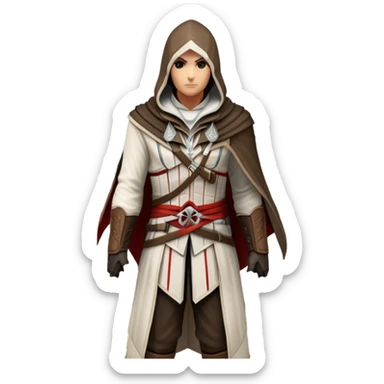 icon featuring Assasin's Creed in an iconic assassin's hood, standing tall against the backdrop of Florence. The design captures the essence of adventure, with intricate details of historical architecture and a sense of mystery. The character is poised, ready for action. transparent background. sticker