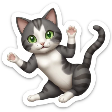 beautiful female solid dark grey cat with green eyes, white toes/paws and white patch on her chest playfully rolling upside down sticker