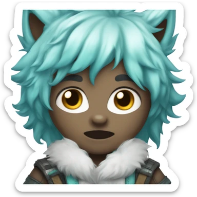 chibi white skin cyan hair boy with wolf ears happy with the thongue out sticker