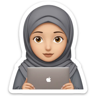 A girl wearing a gray hijab and with hazel eyes is carrying a laptop, not a laptop, just a regular laptop. sticker