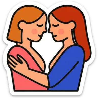 Add tasteful color accents to the icon of two women sharing intimacy, keep the lines clean and minimal, preserve transparent background. sticker
