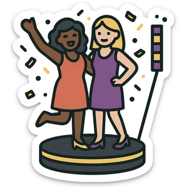 small simple icon of two women, one Black and one White, posing together on a spinning platform, confetti and LED lights in purple gold and black, festive upscale sticker