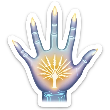 ethereal glowing hand with intricate symbolic palm lines, radiating mystical energy sticker