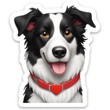 A black and white border collie with an skewed to the left white spot on his head and a red plaque on his collar chewing on iPad cord sticker