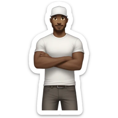 Pale skinned fit Man with dark brown hair in a light gray cap, dark brown jeans, brown polo and white T-shirt keeping a pasted with tape white box into his hands sticker