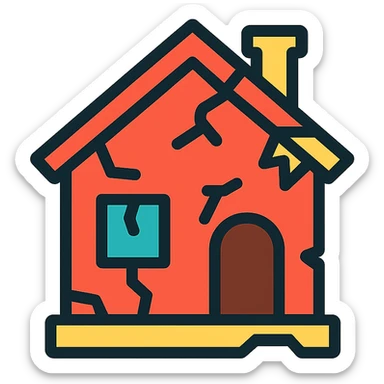 broken down house, clear lines, cracks, missing windows, color outline icon style sticker