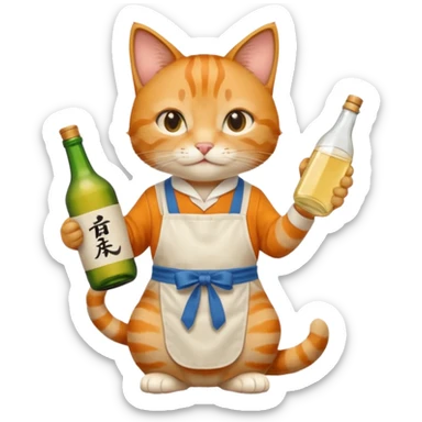 cool cat wearing an apron holding a bottle of sake sticker